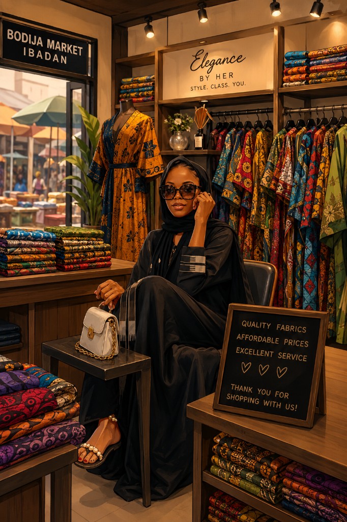 Aisha at her fabric boutique in Bodija Market, Ibadan — Elegance BY HER